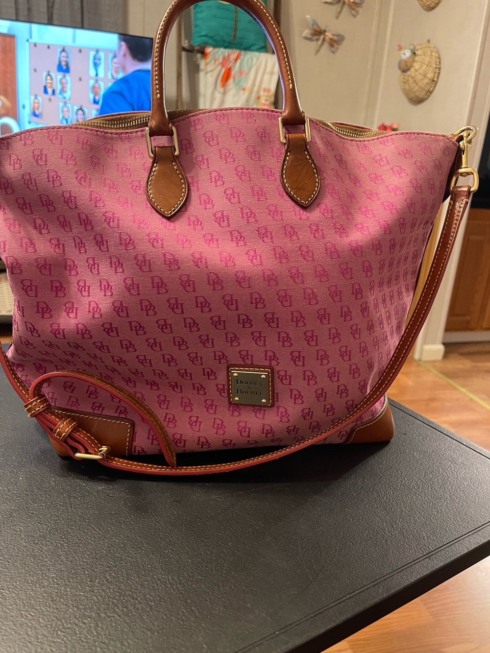 Dooney & Bourke Pink Monogram Tote with Brown Leather Trim